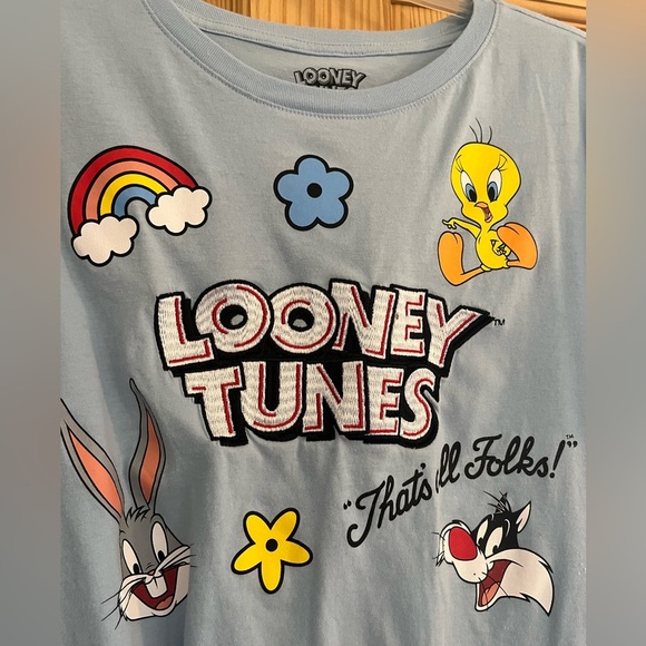 Looney Tunes That’s All Folks Baby Blue Tie in the Front Shirt Size XL‎ (15-17) - Picture 2 of 7